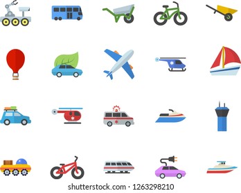 Color flat icon set wheelbarrow flat vector, eco cars, electric, sailboat, ambulance, helicopter, lunar rover, bicycle, train fector, car, bus, airport tower, balloon, aircraft, water scooter, yacht