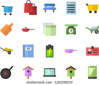 Color flat icon set wheelbarrow flat vector, frying pan, saute, teflon, weighing machine, cutting board, nesting box, bench, battery, grocery trolley, bags, badge, sticker, laptop, notepad, notebook