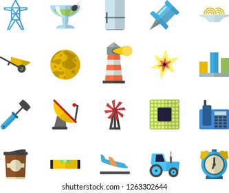 Color flat icon set wheelbarrow flat vector, level meter, meat hammer, fridge, spaghetti, coffe, windmill, tractor, power line support, satellite antenna, lighthouse, statistic, telephone, moon, cpu