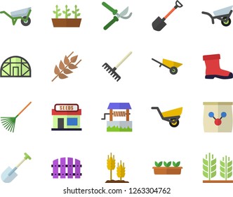 Color flat icon set wheelbarrow flat vector, ear, well, grain warehouse, shovel, fence, secateurs, rake, garden, gumboots, seedlings, greenhouse, fertilizer vectory