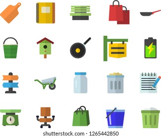 Color flat icon set wheelbarrow flat vector, frying pan, teflon, weighing machine, cutting board, glass jar, nesting box, bucketful, bench, battery, signboard, bags, office chair, notepad, notebook