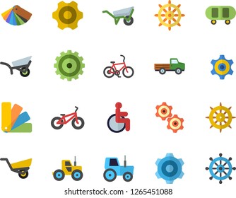Color flat icon set wheelbarrow flat vector, cogwheel, color scheme, pickup truck, tractor, garden, disabled, skateboard, bicycle, fector, steering wheel