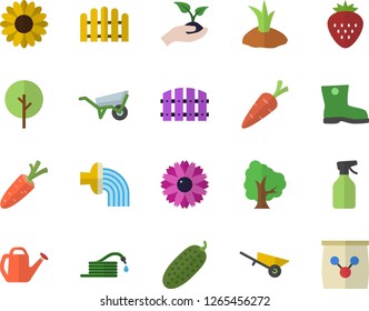 Color flat icon set wheelbarrow flat vector, cucumber, Strawberry, carrot, tree, flower, pulverizer, hose, fence, seedlings, watering can, planting plants, irrigation, gumboots, fertilizer vectory