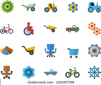 Color flat icon set wheelbarrow flat vector, cogwheel, color scheme, pickup truck, tractor, garden, grocery trolley, disabled, office chair, bicycle, fector, steering wheel