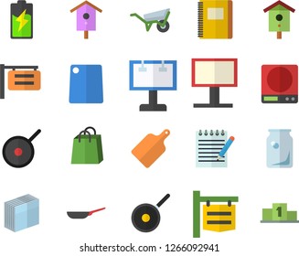 Color flat icon set wheelbarrow flat vector, frying pan, teflon, weighing machine, cutting board, nesting box, battery, glass bottles, signboard, billboard, bags, sticker, notepad, notebook