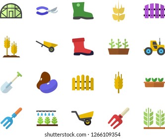 Color flat icon set wheelbarrow flat vector, legumes, ear, tractor, sprinkling machine, pitchfork, shovel, fence, secateurs, garden, gumboots, seedlings, greenhouse