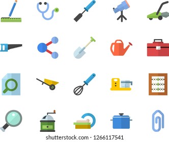 Color flat icon set wheelbarrow flat vector, tool bag, measure, saucepan, kitchen spatula, whisk, coffee grinder, food processor, shovel, saw, watering can, lawn mower, stethoscope, tomograph, share