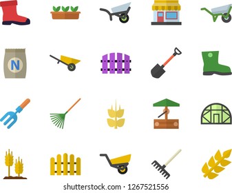 Color flat icon set wheelbarrow flat vector, ear, fertilizer vectory, well, grain warehouse, pitchfork, shovel, fence, rake, garden, gumboots, seedlings, greenhouse