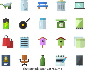 Color flat icon set wheelbarrow flat vector, teflon, weighing machine, glass jar, nesting box, bench, battery, bottles, bags, badge, office chair, sticker, laptop, notepad, trash can, mobile