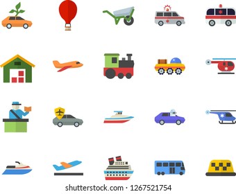 Color flat icon set wheelbarrow flat vector, eco cars, autopilot, warehouse, ambulance, helicopter, lunar rover, aircraft fector, train, bus, balloon, passport control, departure, water scooter