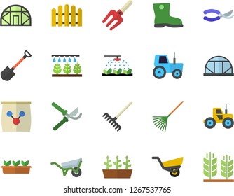 Color flat icon set wheelbarrow flat vector, tractor, sprinkling machine, pitchfork, shovel, fence, secateurs, rake, garden, gumboots, seedlings, greenhouse, fertilizer vectory, ear