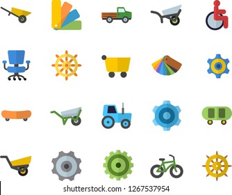 Color flat icon set wheelbarrow flat vector, cogwheel, color scheme, pickup truck, tractor, garden, grocery trolley, disabled, office chair, skateboard, bicycle, steering wheel fector