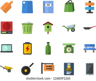 Color flat icon set wheelbarrow flat vector, frying pan, teflon, weighing machine, cutting board, nesting box, bench, battery, glass bottles, signboard, bags, badge, laptop, notebook, pointer fector