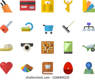 Color flat icon set wheelbarrow flat vector, color scheme, kitchen egg timer, knives, cookbook, rake, grocery trolley, credit card, heart, tomograph, electronic circuit, classification, centimeter