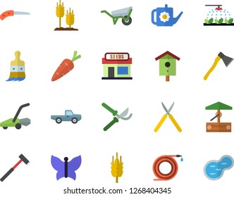 Color flat icon set wheelbarrow flat vector, ax, ear, well, nesting box, pickup truck, carrot, grain warehouse, sprinkling machine, hose, knife, secateurs, paint brush, watering can, butterflies
