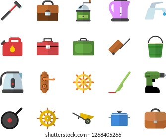 Color flat icon set wheelbarrow flat vector, drill screwdriver, tool bag, door lock, ax, faucet, saucepan, teflon, electric kettle, coffee grinder, bucketful, canister, scalpel, briefcase, suitcase
