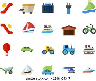 Color flat icon set wheelbarrow flat vector, tractor, accumulator, eco cars, electric, warehouse, express delivery, sailboat, helicopter, bicycle, fector, escalator, airport tower, balloon, yacht