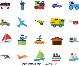Color flat icon set wheelbarrow flat vector, tractor, eco cars, autopilot, warehouse, trucking, sailboat, ambulance, helicopter, aircraft fector, train, trailer, airport tower, passport control