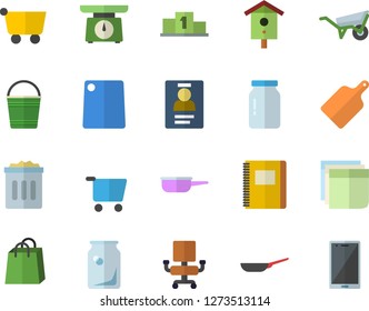 Color flat icon set wheelbarrow flat vector, frying pan, saute, weighing machine, cutting board, glass jar, nesting box, bucketful, bottles, grocery trolley, bags, badge, office chair, sticker