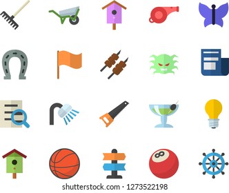 Color flat icon set wheelbarrow flat vector, saw, shower, shashlik, nesting box, horseshoe, rake, butterflies, lamp, flag, news, virus, magnifier, whistle, bowling ball, basketball, cocktail fector