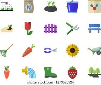 Color flat icon set wheelbarrow flat vector, carrot, Strawberry, fertilizer vectory, flower, sprinkling machine, fence, secateurs, seedlings, rake, bucketful, planting plants, hose irrigation, tulip