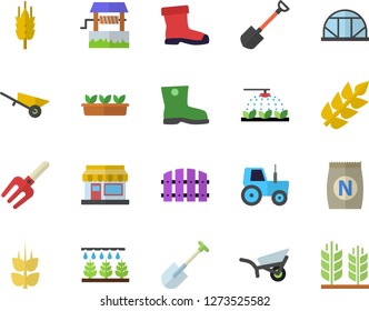 Color flat icon set wheelbarrow flat vector, ear, fertilizer vectory, well, grain warehouse, tractor, sprinkling machine, pitchfork, shovel, fence, garden, gumboots, seedlings, greenhouse
