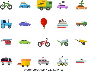 Color flat icon set wheelbarrow flat vector, pickup truck, tractor, eco cars, electric, autopilot, trucking, express delivery, ambulance, helicopter, lunar rover, bicycle, car fector, balloon, yacht