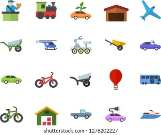 Color flat icon set wheelbarrow flat vector, pickup truck, garden, eco cars, electric, autopilot, warehouse, helicopter, lunar rover, bicycle, aircraft fector, train, bus, balloon, passport control