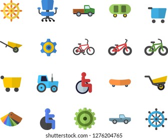 Color flat icon set wheelbarrow flat vector, color scheme, pickup truck, tractor, garden, grocery trolley, cogwheel, disabled, office chair, skateboard, bicycle, fector, steering wheel