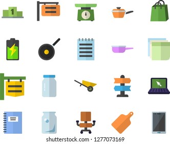 Color flat icon set wheelbarrow flat vector, saute, teflon, weighing machine, cutting board, glass jar, battery, bottles, signboard, bags, office chair, sticker, laptop, notepad, notebook, pedestal