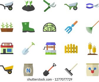 Color flat icon set wheelbarrow flat vector, ear, fertilizer vectory, well, grain warehouse, pitchfork, shovel, fence, secateurs, rake, planting plants, garden, gumboots, seedlings, greenhouse