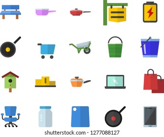 Color flat icon set wheelbarrow flat vector, frying pan, saute, teflon, cutting board, glass jar, nesting box, bucketful, bench, battery, grocery trolley, signboard, bags, office chair, laptop