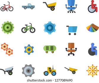 Color flat icon set wheelbarrow flat vector, cogwheel, color scheme, pickup truck, tractor, garden, grocery trolley, disabled, office chair, skateboard, bicycle, fector, steering wheel