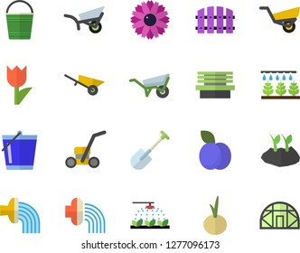 Color flat icon set wheelbarrow flat vector, onion, plum, flower, sprinkling machine, shovel, fence, bucketful, planting plants, hose irrigation, garden, tulip, lawn mower, bench, greenhouse