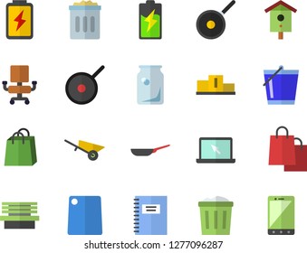 Color flat icon set wheelbarrow flat vector, frying pan, teflon, cutting board, nesting box, bucketful, bench, battery, glass bottles, bags, office chair, laptop, notebook, pedestal, trash can