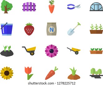 Color flat icon set wheelbarrow flat vector, carrot, Strawberry, fertilizer vectory, tree, flower, shovel, fence, secateurs, bucketful, planting plants, garden, tulip, seedlings, greenhouse, forest