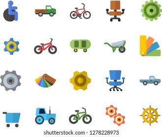 Color flat icon set wheelbarrow flat vector, cogwheel, color scheme, pickup truck, tractor, grocery trolley, disabled, office chair, skateboard, bicycle, fector, steering wheel