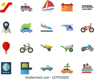 Color flat icon set wheelbarrow flat vector, pickup truck, accumulator, eco cars, sailboat, ambulance, helicopter, bicycle, train fector, escalator, motorcycle, balloon, baggage claim, passport