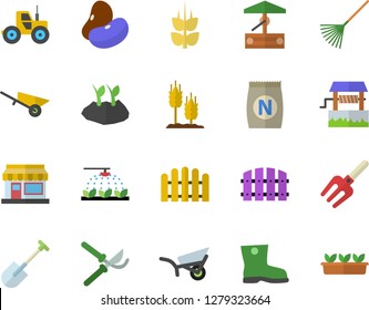 Color flat icon set wheelbarrow flat vector, legumes, ear, fertilizer vectory, well, grain warehouse, tractor, sprinkling machine, pitchfork, shovel, fence, secateurs, rake, planting plants, garden