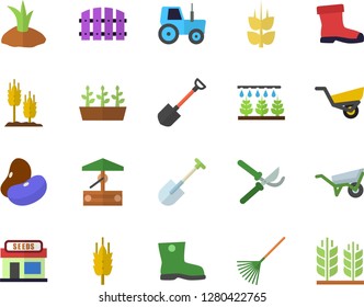 Color flat icon set wheelbarrow flat vector, legumes, ear, well, grain warehouse, tractor, sprinkling machine, shovel, fence, secateurs, rake, planting plants, garden, gumboots, seedlings