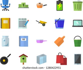 Color flat icon set wheelbarrow flat vector, saute, teflon, cutting board, nesting box, bucketful, battery, glass bottles, bags, office chair, sticker, laptop, notepad, notebook, pedestal, trash can