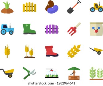 Color flat icon set wheelbarrow flat vector, legumes, ear, well, tractor, sprinkling machine, pitchfork, shovel, fence, secateurs, planting plants, garden, gumboots, fertilizer vectory