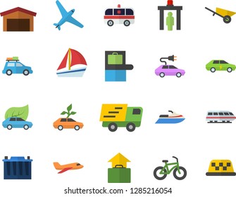 Color flat icon set wheelbarrow flat vector, accumulator, eco cars, electric, warehouse, trucking, sailboat, ambulance, bicycle, aircraft fector, train, car, control gate, baggage claim, taxi