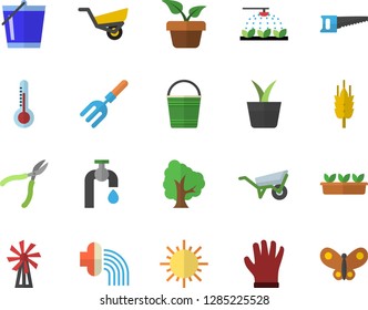 Color flat icon set wheelbarrow flat vector, thermometer, windmill, ear, home plant, tree, sprinkling machine, pitchfork, saw, bucketful, hose irrigation, garden, seedlings, water tap, sun, gloves