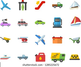 Color flat icon set wheelbarrow flat vector, pickup truck, refueling, accumulator, canister, electric cars, trucking, sailboat, ambulance, helicopter, aircraft fector, escalator, control gate, yacht