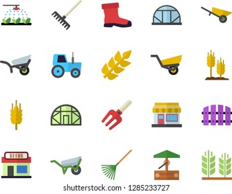 Color flat icon set wheelbarrow flat vector, ear, well, grain warehouse, tractor, sprinkling machine, pitchfork, fence, rake, garden, gumboots, greenhouse