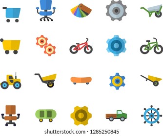 Color flat icon set wheelbarrow flat vector, cogwheel, color scheme, pickup truck, tractor, garden, grocery trolley, office chair, skateboard, bicycle, steering wheel