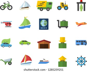 Color flat icon set wheelbarrow flat vector, tractor, eco cars, electric, warehouse, trucking, sailboat, helicopter, bicycle, aircraft fector, bus, control gate, passport, get luggage, hand, trolley