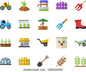 Color flat icon set wheelbarrow flat vector, ear, well, grain warehouse, tractor, sprinkling machine, pitchfork, shovel, fence, planting plants, garden, gumboots, seedlings, greenhouse