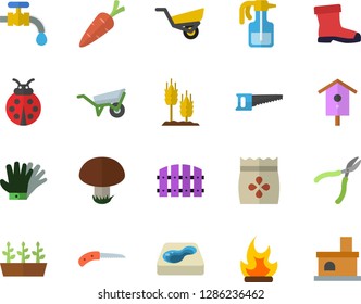 Color flat icon set wheelbarrow flat vector, mushroom, seeds, ear, nesting box, carrot, pulverizer, ladybird, fence, saw, knife, garden, gumboots, seedlings, water tap, gloves, bonfire, pool